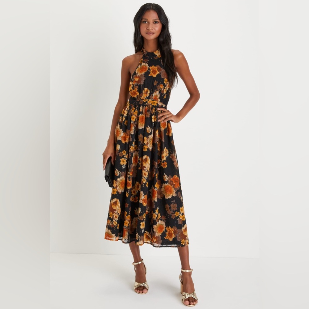 Black Floral Swiss Dot Lurex Halter Midi Dress
